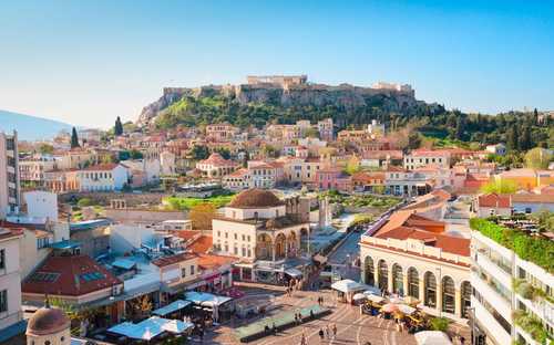 Athen Stadtrundfahrt Open-Top-Sightseeing-Bus an der Akropolis in Athen